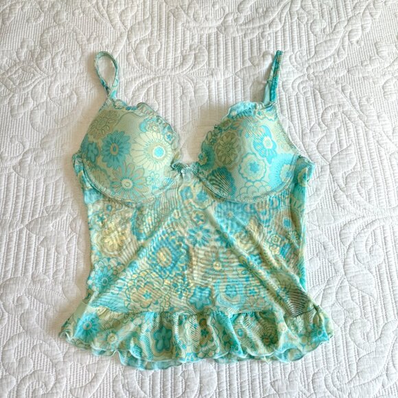 Y2K Mesh Bustier Cami Top Retro Turquoise Flowers & Ruffles Bed of Roses 36B - Picture 3 of 9